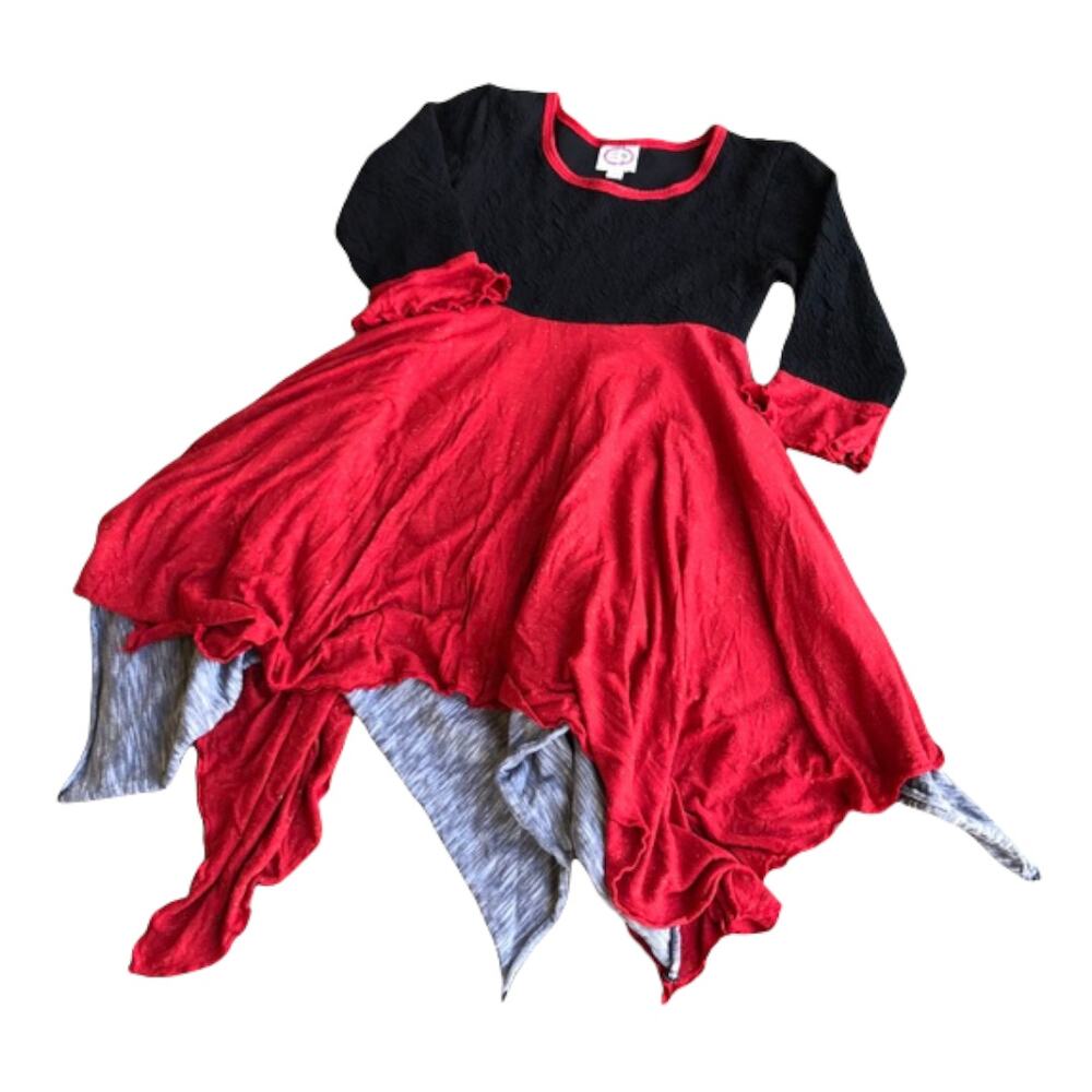 Lilli Lovebird Girls Dress Sz 8 Black Red Gold Gray Twirly Handkerchief Hem Knit